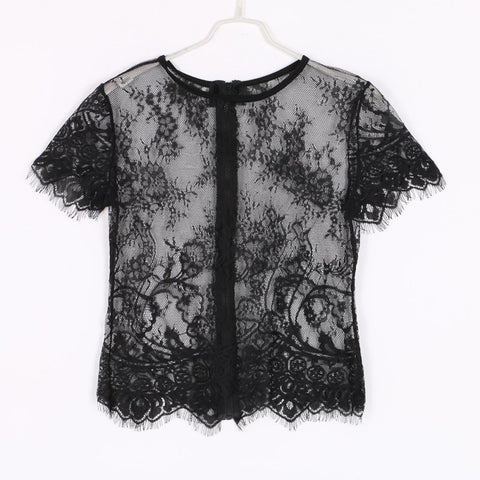 Sexy Women Tops Black Short Sleeve O Neck Sexy Vintage Lace Blouse Hollow Out Zipper Back Short Clubwear