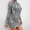 Sexy Women Zebra-Stripe Dresses Long Sleeve High Neck Stretch Bodycon Party Slim Mini Dress