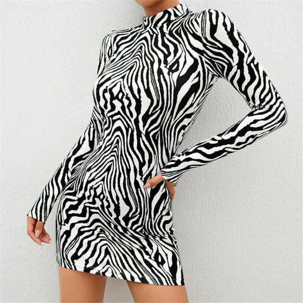 Sexy Women Zebra-Stripe Dresses Long Sleeve High Neck Stretch Bodycon Party Slim Mini Dress