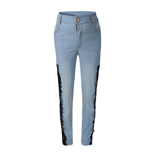 Sexy Women's low waist Lace washed Denim Jeans Hollow out Crochet jeans pencil Pants for women FS0030