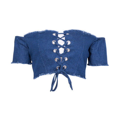 Sexy slash neck denim crop top short tees Women lace up off shoulder bustier Party jean tops tank female camisole