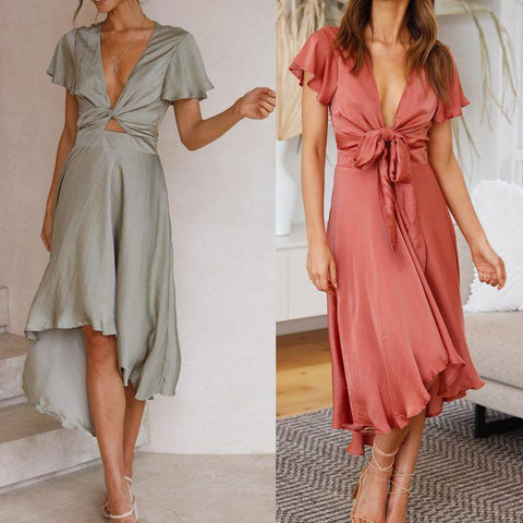 Sexy solid V-neck irregular hem short-sleeved Maxi dress Women Casual Midi Holiday Summer Dress Female High Waist Beach Dresses