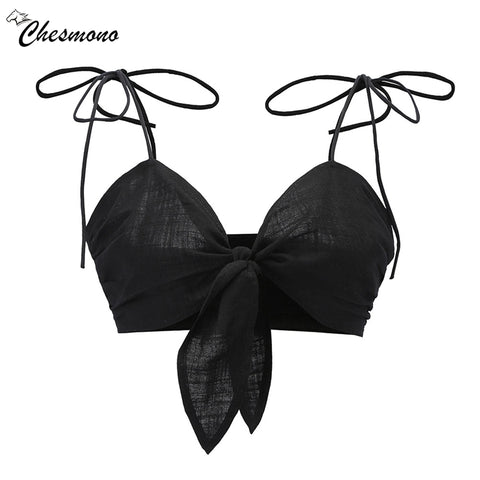 Sexy strap bow black white crop top women V neck tie up short top tee female 2022 Summer beach casual camisole tank