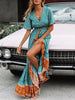 Women Elegant V-Neck Button Design Long Dress Floral Printing Summer Beach Party Dresses Casual Short Sleeve Maxi Dress