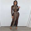 TiulZial Mesh Patchwork Leopard Turtleneck Midi Dress Long Sleeve Club Party Women Bodycon Dress Skinny 2023 Transparent