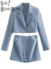 SheBlingBling 2022 ZA  Female Mini Skirt Suit Women 2 Pieces Solid Blazer Jacket Set Offie Long Sleeves Party Suits Outwear Blue