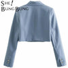 SheBlingBling 2022 ZA  Female Mini Skirt Suit Women 2 Pieces Solid Blazer Jacket Set Offie Long Sleeves Party Suits Outwear Blue