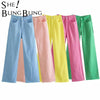 SheBlingBling 2022 ZA Summer Autumn Women Colored Jean Raw Hem High Waist Full Length Casual Straight Denim Pants Green Female