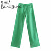SheBlingBling 2022 ZA Summer Autumn Women Colored Jean Raw Hem High Waist Full Length Casual Straight Denim Pants Green Female