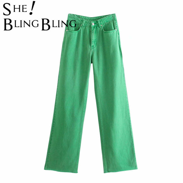 SheBlingBling 2022 ZA Summer Autumn Women Colored Jean Raw Hem High Waist Full Length Casual Straight Denim Pants Green Female