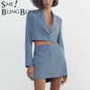 SheBlingBling 2022 ZA Women 2 Pieces Solid Blazer Jacket Set Offie Long Sleeves Office Lady Party Suits Female Skirts Outwear