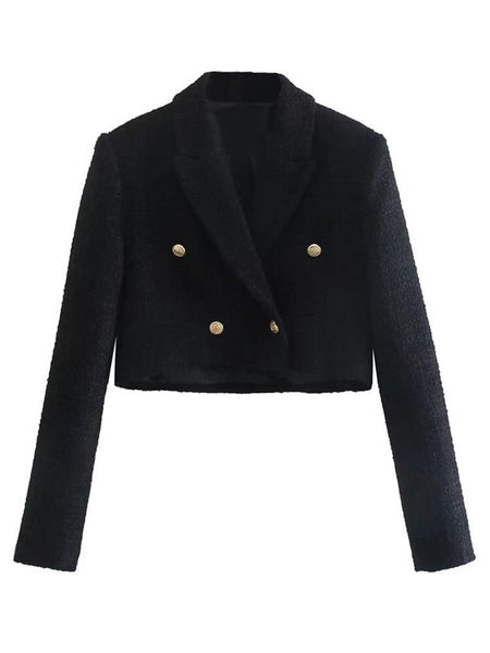 SheBlingBling TRAF Za 2022 Women Casual Tweed Blazer Double Breasted Short Jacket Blazers Female Long Sleeves Office Lady Coats