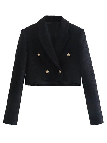 SheBlingBling TRAF Za 2022 Women Casual Tweed Blazer Double Breasted Short Jacket Blazers Female Long Sleeves Office Lady Coats