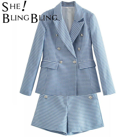 SheBlingBling Za 2022 Women Double Plaid Breasted Houndstooth Blazer Coat Short Vintage Female Outerwear Chic Outfits Sets