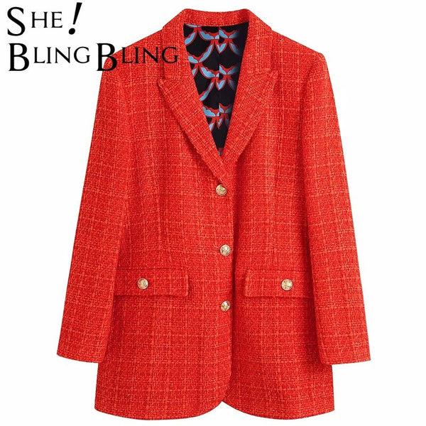 SheBlingBling Za Woman 2022 Casual Traf Coats Autumn Tweed Woolen Single Breasted Thick Long Jacket Office Lady Red Plaid Blazer