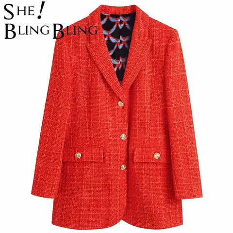 SheBlingBling Za Woman 2022 Casual Traf Coats Autumn Tweed Woolen Single Breasted Thick Long Jacket Office Lady Red Plaid Blazer