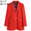 SheBlingBling Za Woman 2022 Casual Traf Coats Autumn Tweed Woolen Single Breasted Thick Long Jacket Office Lady Red Plaid Blazer