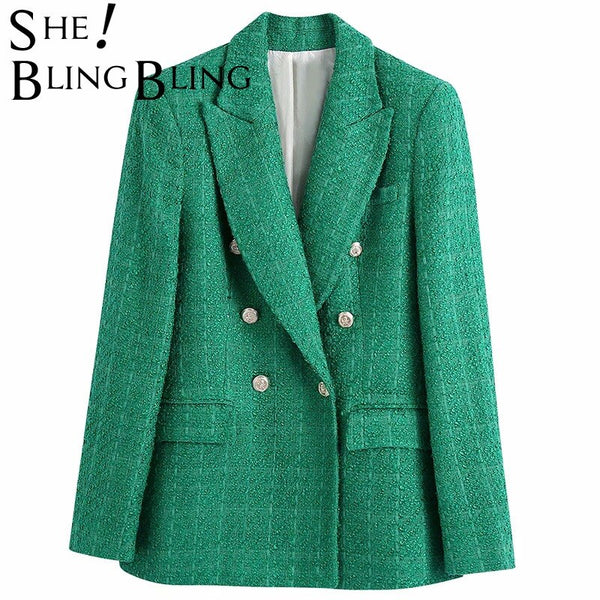 SheBlingBling Za Woman 2022 Casual Traf Coats Autumn Winter Ornate Buttons Tweed Woolen Long Blazers Female Thick Green Jackets