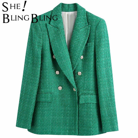 SheBlingBling Za Woman 2022 Casual Traf Coats Autumn Winter Ornate Buttons Tweed Woolen Long Blazers Female Thick Green Jackets