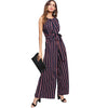 Round Neck Sleeveless Mid Waist Jumpsuit Women Elegant Self Belted Bow Vertical Striped Wide Leg Jumpsuit