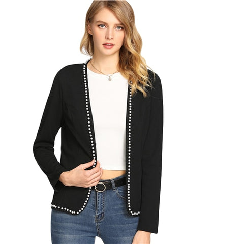 Spring Pearl Beading Tailered Blazer Black Round Neck Long Sleeve Elegant Jacket Women  Style Work Blazer