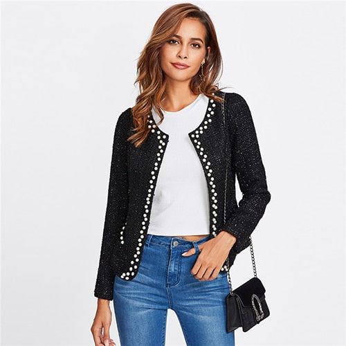 Black Pearl Beading Tweed Long Sleeve Office Ladies Workwear Blazer 2022Women Autumn Outerwear Elegant Jacket