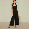 Black Ruffle Strap Wide Leg Jumpsuit Office Ladies Button Front Square Neck Sleeveless Summer Women Elegant Jumpsuit