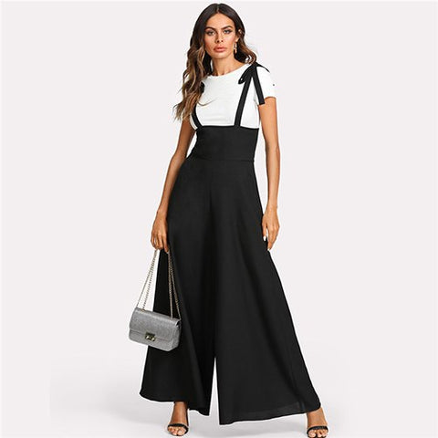 Black Straps Office Ladies Workwear Elegant Wide Leg Jumpsuit High Waist Plain Knot Loose Women Autumn Jumpsuit