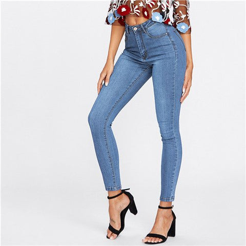 Blue Basic Skinny Jeans Women High Waist Button Fly Stretchy Jeans Casual Denim Summer Plain Long Denim Pants
