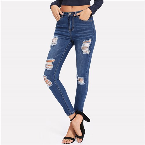 Blue Ripped Skinny Jeans Women High Waist Button Zipper Skinny Denim Jeans Summer Ladies Pencil Pants