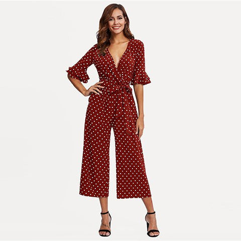 Burgundy Belted Wrap Workwear Elegant Wide Leg Jumpsuit Polka Dot Deep V Neck Half Sleeve Women Summer Jumpsuit