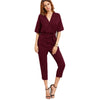 Burgundy Women V Neck Jumpsuit Office Ladies Short Sleeve Overalls Elegant Jumpsuits Drop Shoulder Self Tie Jumpsuit
