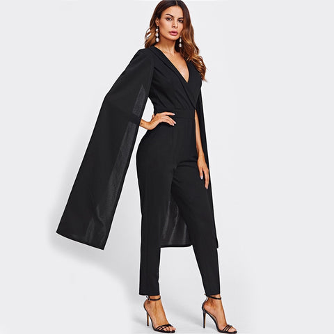 Cape Sleeve Surplice Wrap Tailored Jumpsuit Black V neck Split Sleeve Casual Jumpsuit Women Elegant Jumpsuit