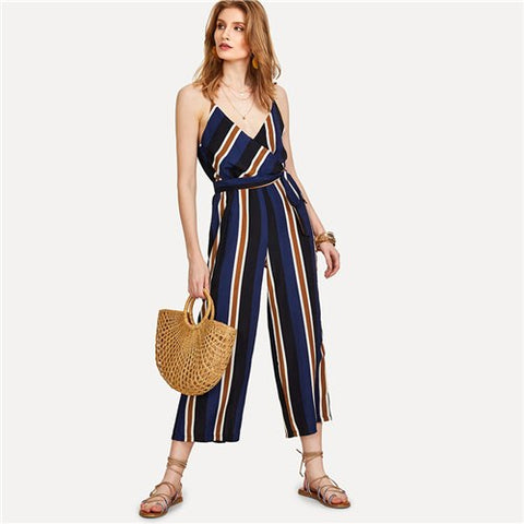 Deep V Neckline Tie Side Striped Jumpsuit 2022 Summer High Waist Sleeveless Jumpsuit Women Belted Vacation Jumpsuit
