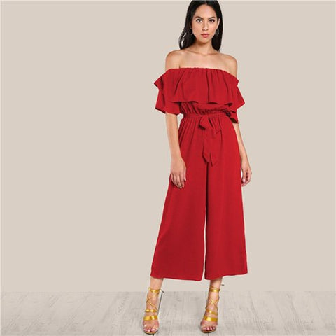 Flounce Off Shoulder Self Tie Culotte Jumpsuit Summer Half Sleeve Wide Leg Jumpsuits Women Red Ruffle Elegant Jumpsuit