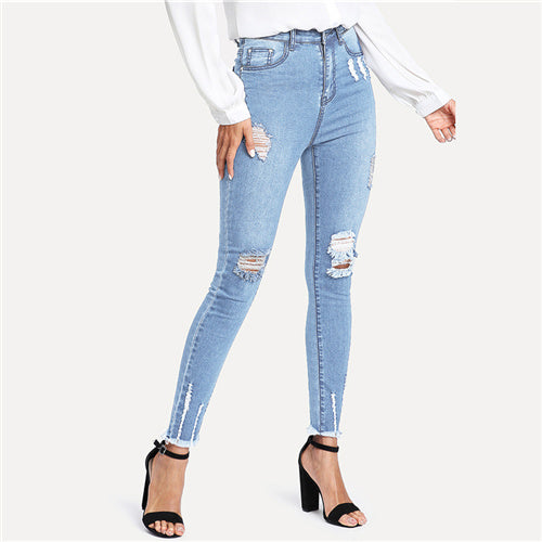 Frayed Hem Ripped Jeans 2022 Summer Spring Mid Waist Button Fly Stretchy Pants Women Blue Denim Casual Jeans