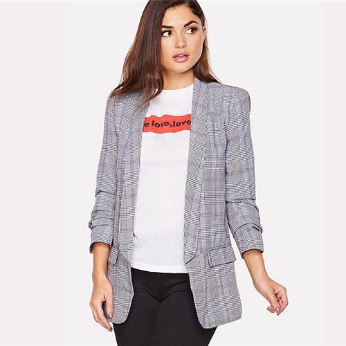 Grey Shawl Collar Workwear Blazer Office Ladies Pocket Patched Plaid Longline Regular Fit Women Summer Elegant Blazer