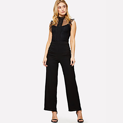 Lace Applique Dot Mesh Bodice Jumpsuit Women Black Sleeveless High Waist Stand Collar 2022 Ladies Work Wear Jumpsuit