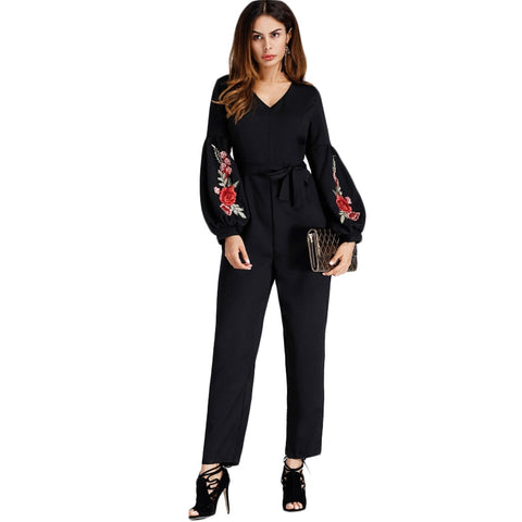 Lantern Sleeve Embroidered Rose Applique Jumpsuit With Belt 2022 Women V neck Long Sleeve Elegant Work Jumpsuit