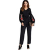 Lantern Sleeve Embroidered Rose Applique Jumpsuit With Belt 2022 Women V neck Long Sleeve Elegant Work Jumpsuit