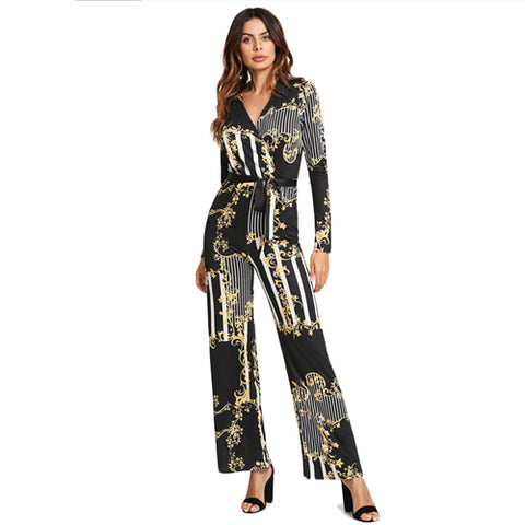 Multicolor Striped Jumpsuit Women Floral Mid Waist Belted Long Sleeve Jumpsuit 2022 Spring OL Work Vintage Jumpsuit