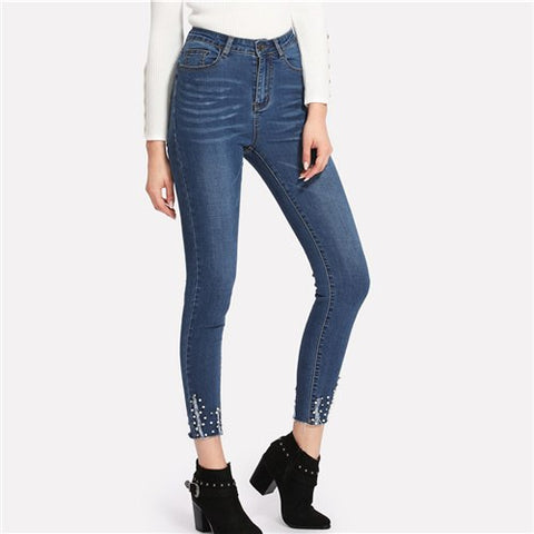 Pearl Beading High Waist Denim Jeans Women Zipper Button Fly Ripped Pants Ladies Blue Streetwear Skinny Jeans