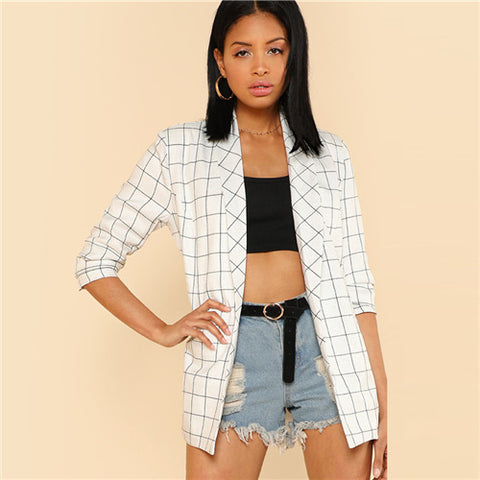 Plaid Workwear Elegant Coat Office Ladies Shawl Collar Three Quarter Length Sleeve Longline Women Autumn Blazer