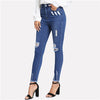 Ripped Denim Jeans Women Blue High Waist Button Zipper Fly Skinny Jeans 2022 Summer Office Streetwear Pants