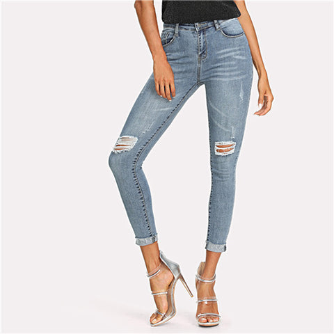 Roll Up Hem Ripped Jeans 2022 Summer Spring Denim Mid Waist Crop Pants Women Blue Button Zipper Skinny Casual Jeans