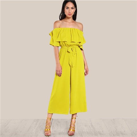Ruffle Off Shoulder Wide Leg Beach Jumpsuit Self Tie Belted High Waist Jumpsuit Women Summer Yellow Elegant Jumpsuit