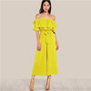 Ruffle Off Shoulder Wide Leg Beach Jumpsuit Self Tie Belted High Waist Jumpsuit Women Summer Yellow Elegant Jumpsuit