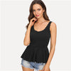 Scallop Edge Peplum Top Black Scoop Neck Ruffle Hem Slim Fit Vest Women Summer Elegant Stretchy Plain Tank Top