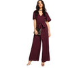 Sexy Choker Neck Self Tie Bow Belt Palazzo Jumpsuit 2022 Ladies Burgundy V neck Short Sleeve Elegant Jumpsuit