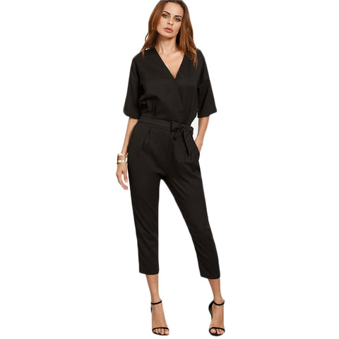 Solid Surplice Front Self Tie Jumpsuits for Women Workwear Elegant Ladies Half Sleeve Twin Pockets Jumpsuit